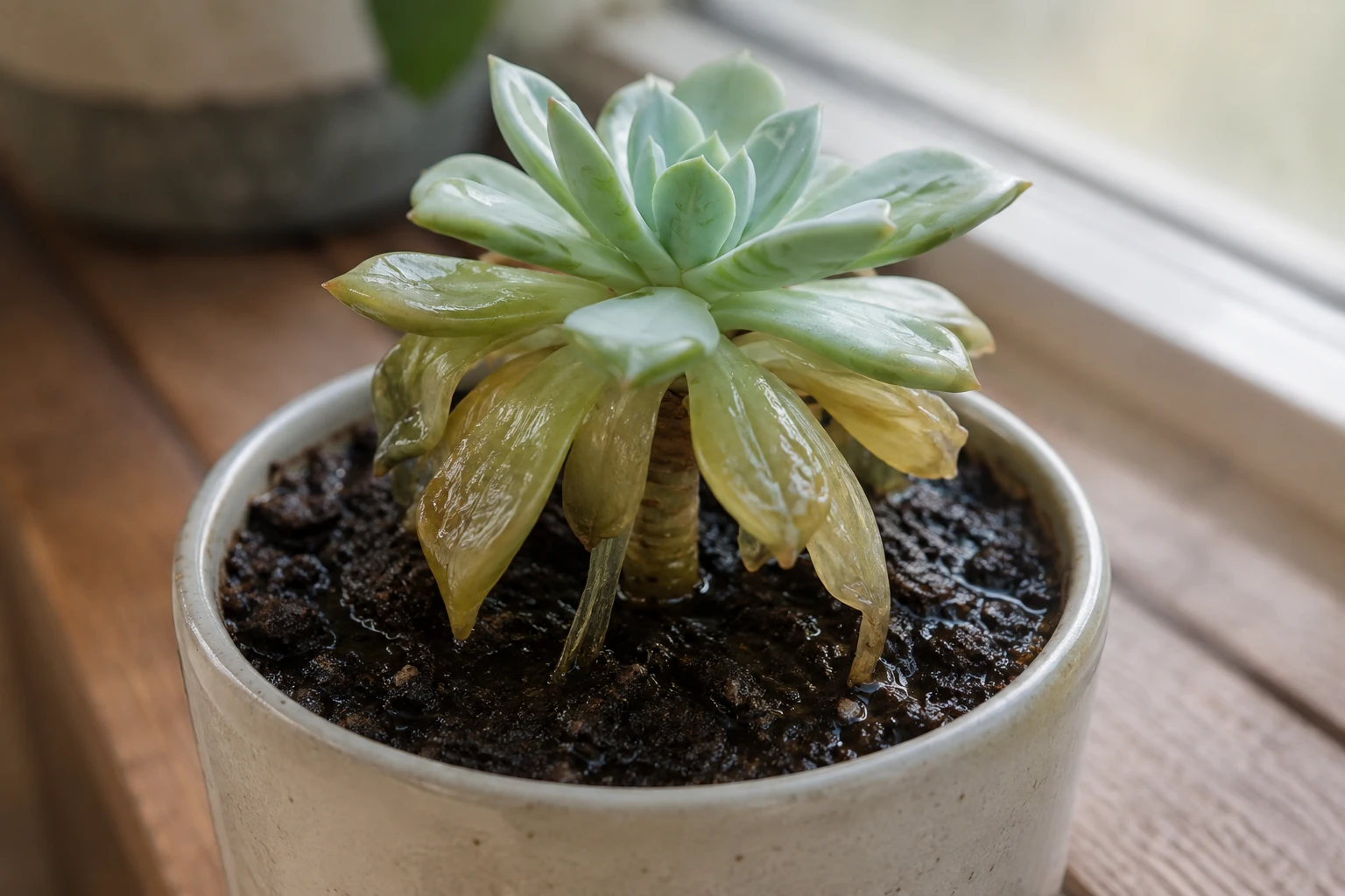 Overwatered succulent with pale translucent lower leaves growing in visibly wet potting soil