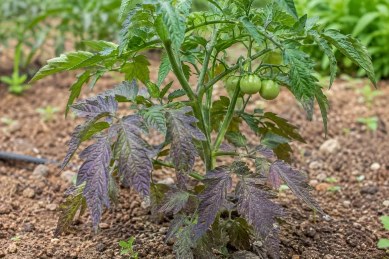 Tomato plant in a garden bed with noticeably purple-tinged leaves