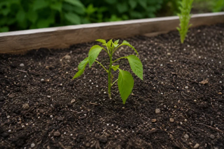 Young tomato seedling outdoors near a wooden raised bed during the hardening-off stage