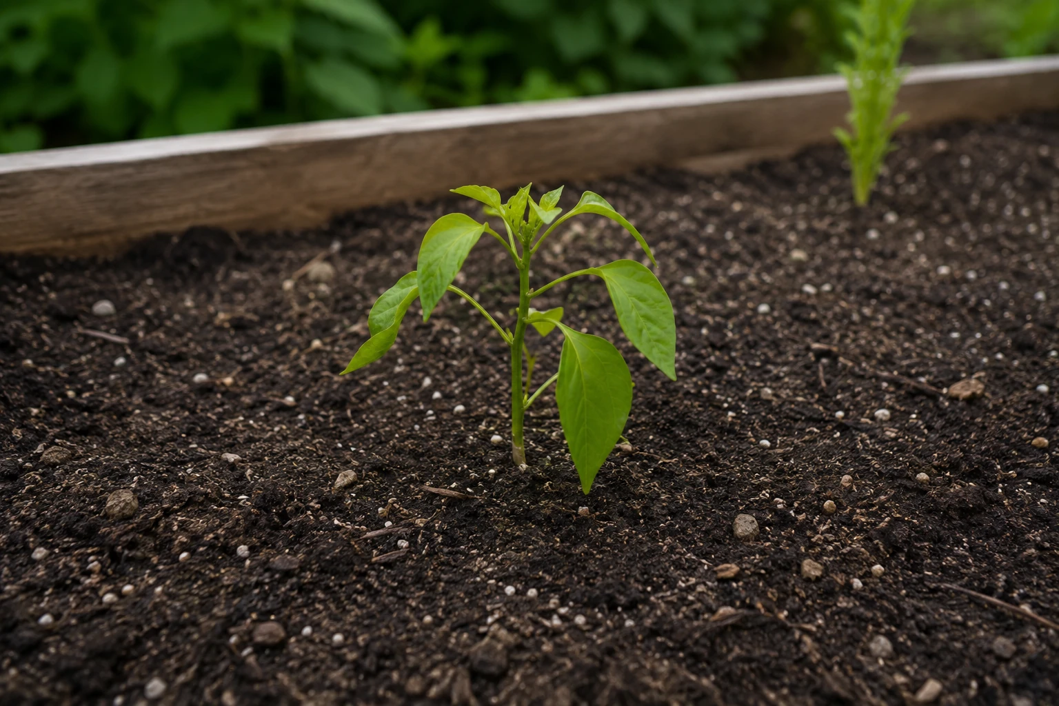 Young tomato seedling outdoors near a wooden raised bed during the hardening-off stage