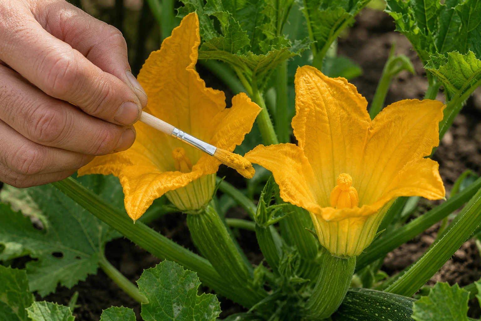 Hand pollinating open zucchini flowers on a garden plant