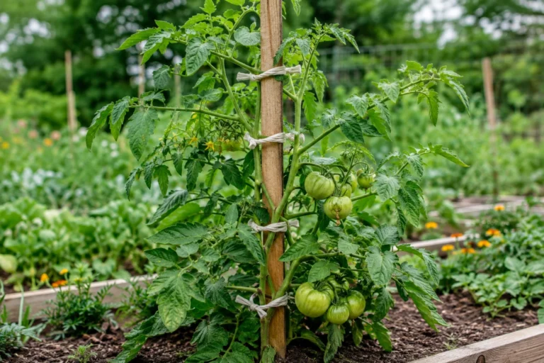 Tomato plants tied to upright stakes with clusters of green tomatoes