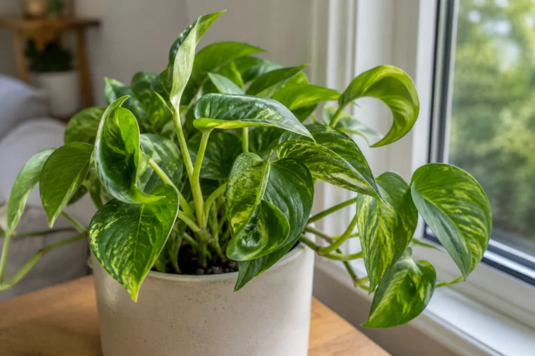 Variegated pothos near a window with mostly green leaves and reduced cream patterning