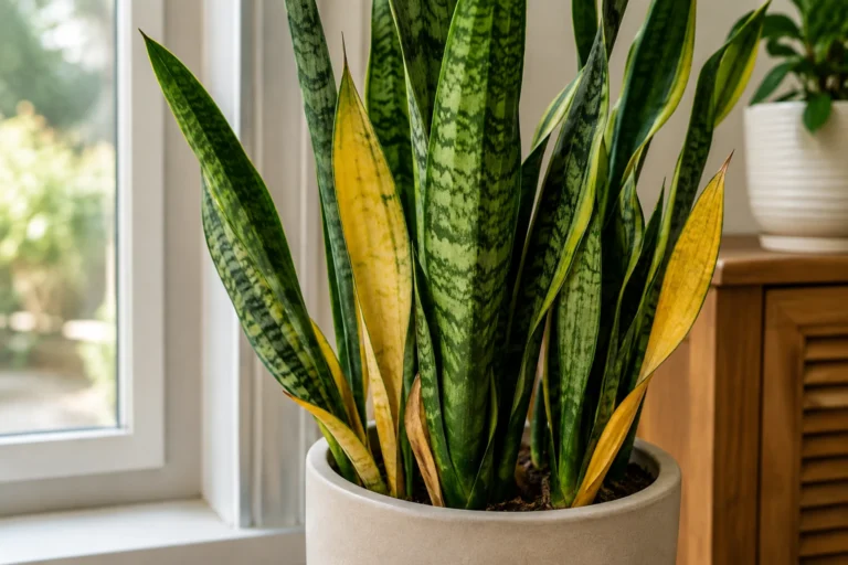 Healthy snake plant in a pot placed in bright natural indoor light