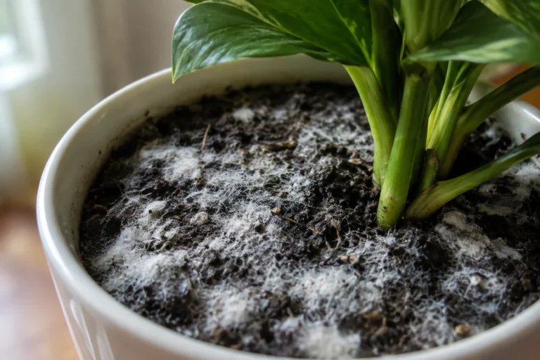 Houseplant pot with visible fuzzy mold growing across the soil surface