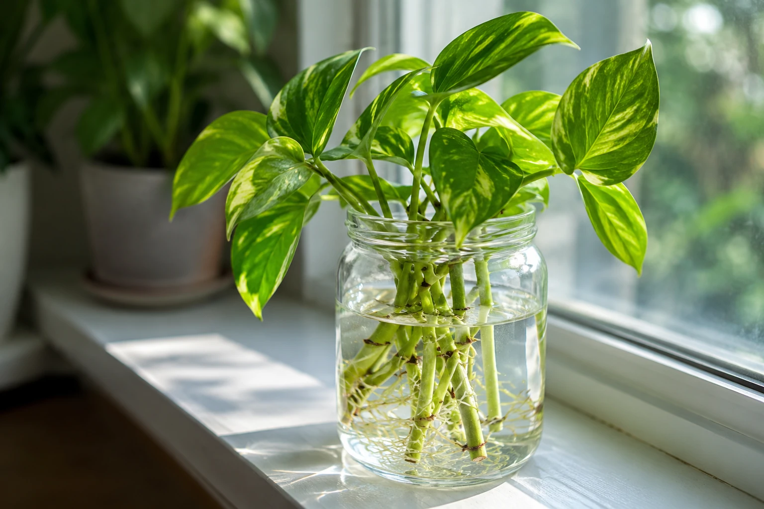 Pothos cuttings rooting in water on a windowsill