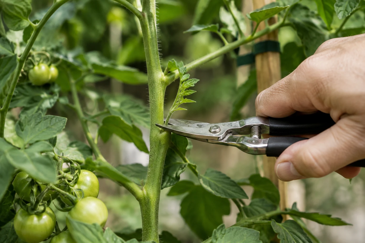 Gardener pruning a young tomato plant with clean hand pruners
