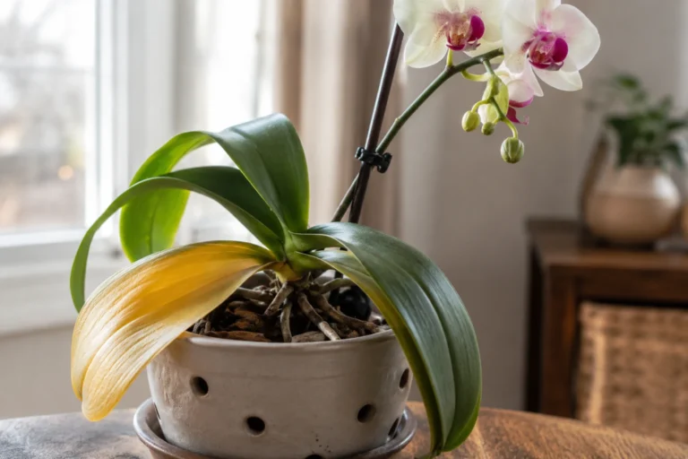Blooming orchid in an indoor setting near a bright window