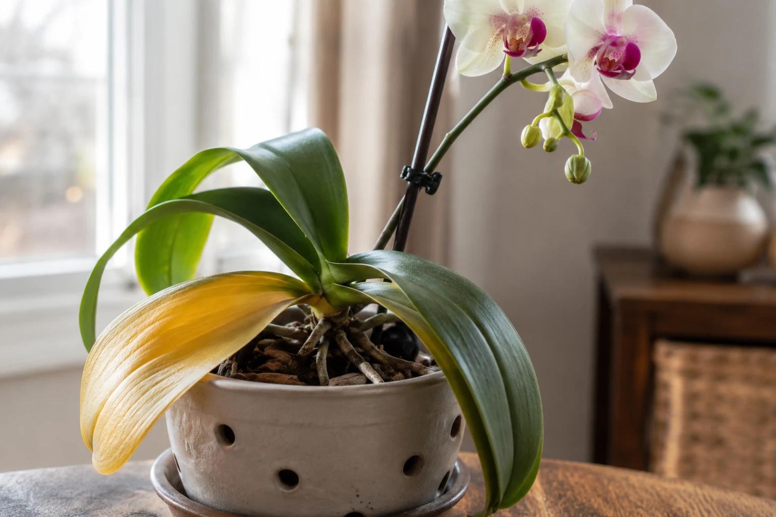 Blooming orchid in an indoor setting near a bright window