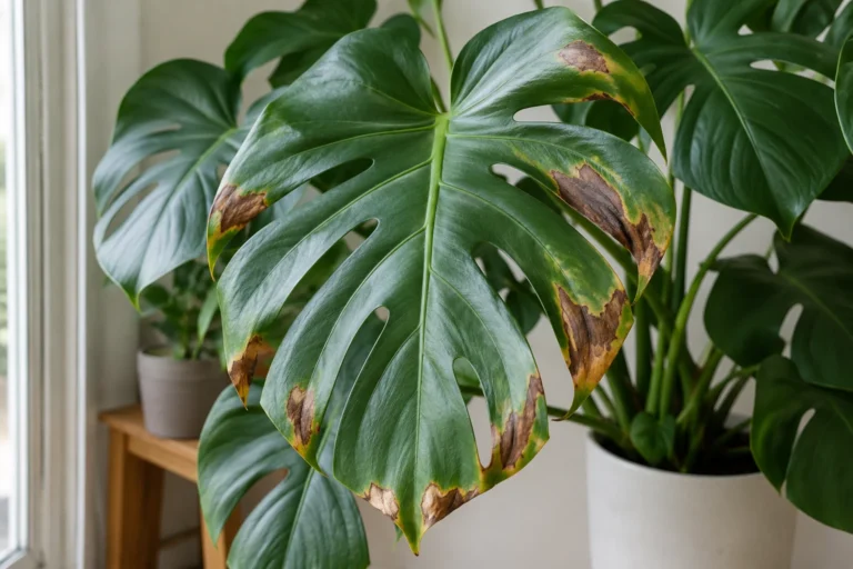 Monstera leaves with visible brown spotting and damage