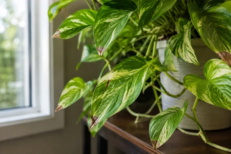 Variegated pothos with brown tips on several leaves