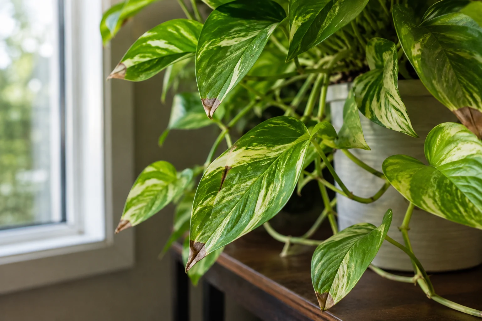 Variegated pothos with brown tips on several leaves
