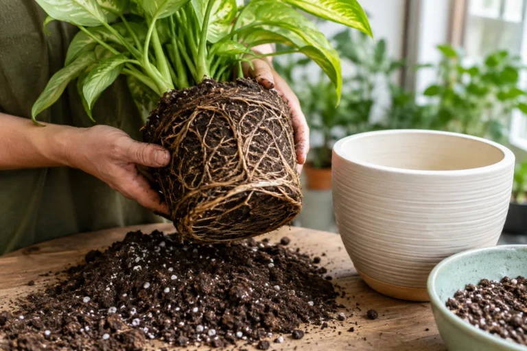 Houseplant being repotted into fresh potting mix indoors